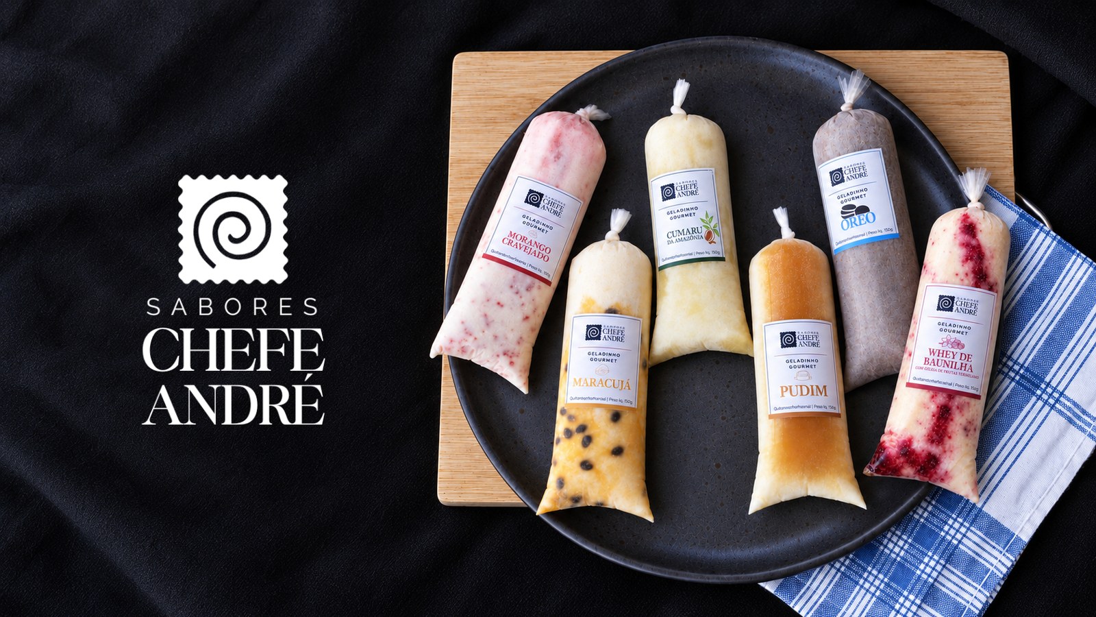 Seleção de sobremesas geladas Sabores Chefe André: Morango Cravejado, Cumaru da Amazônia, Oreo, Maracujá, Pudim e Whey de Baunilha